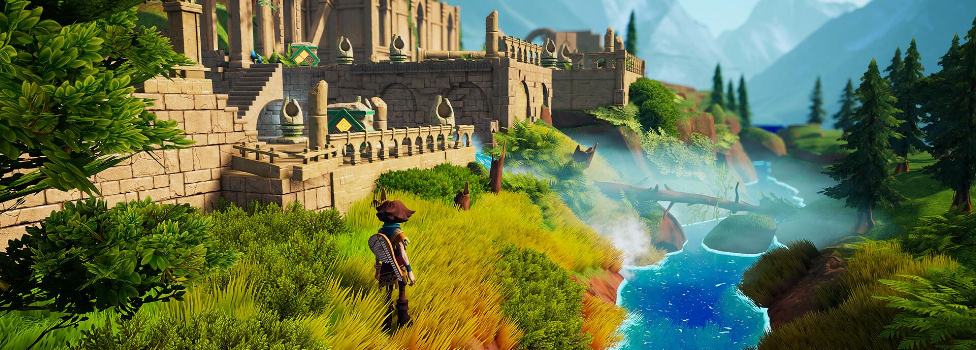 Protagonistin Esther in einer bunten Landschaft mit grünen Gräsern, einem Fluss und moosbewachsenen Ruinen