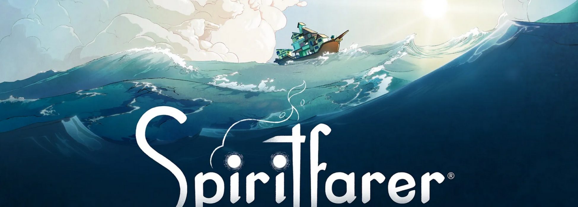 Das Spiritfarer Schiff auf offener See mit Wellen und einer Wolkenwand im Hintergrund