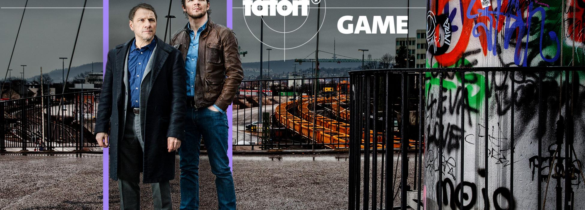 Vor einem Foto der beiden Tatort-Ermittler ist ein Chatverlauf über den Fund einer Leiche zu sehen