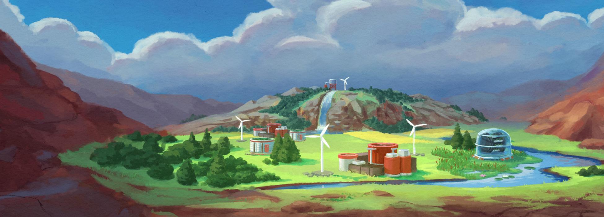 Eine idyllische Landschaft zwischen zwei Bergketten, mit Windrädern und einem langsam dahinfließenden Fluss. 