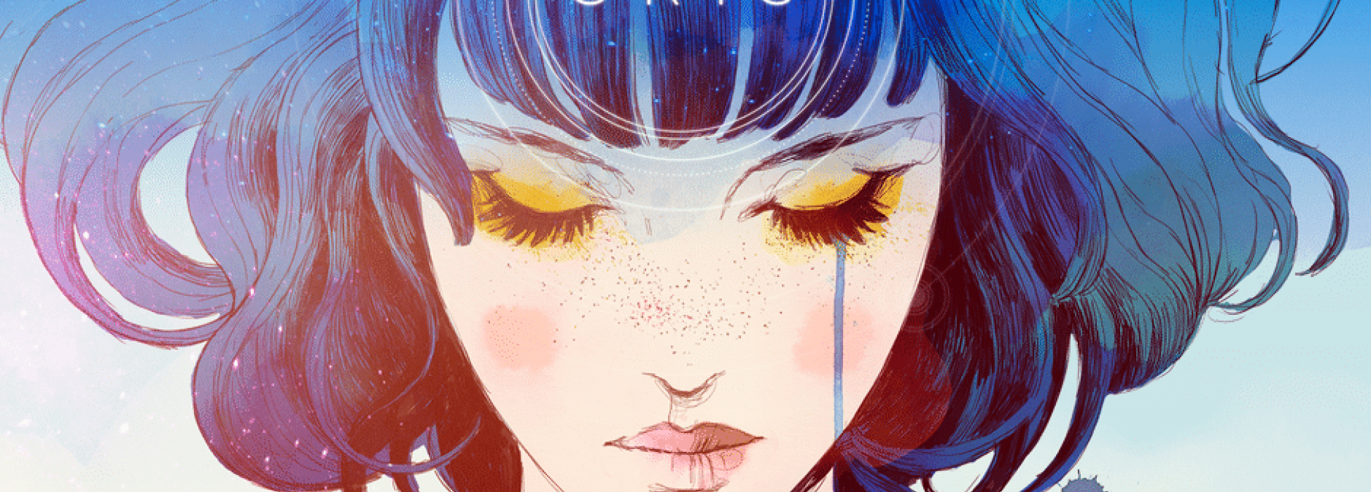 Die Hauptfigur, das Mädchen mit den blauen Haaren, schaut nach unten und aus einem Auge fließen Tränen. 