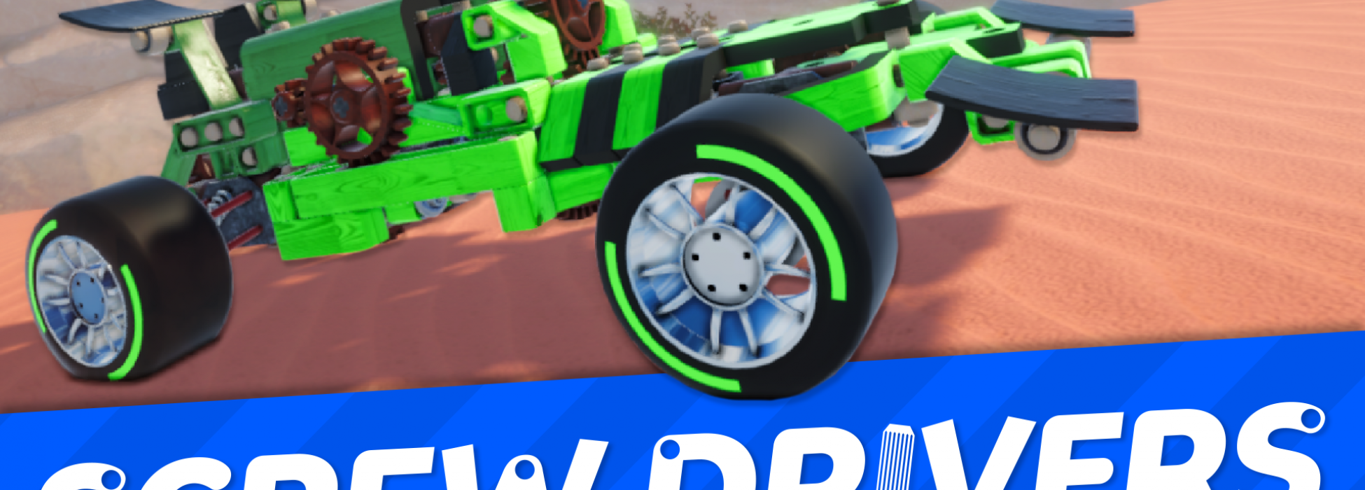 Logo Art von Screw Drivers mit Schriftzug und einem neongrünen Rennwagen.