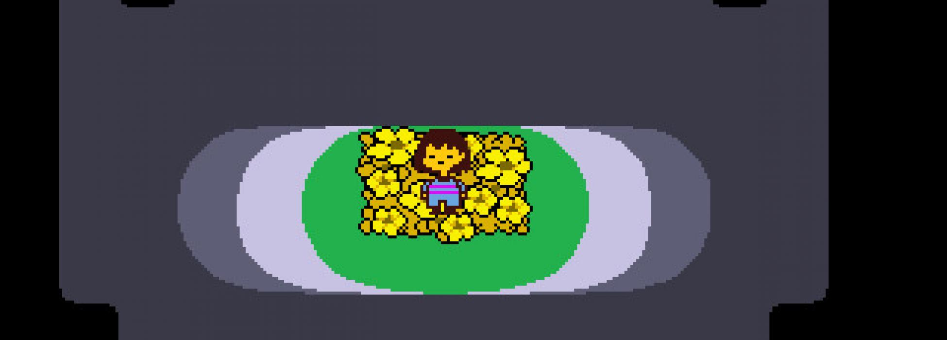 Der Hauptcharakter Frisk steht in einem Blumenfeld zu Beginn des Spiels 